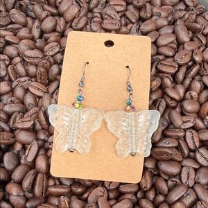 Clear Butterfly Dangle Earrings with Iridescent Beads